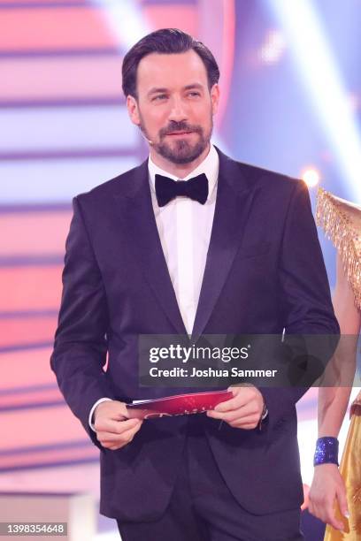 Host, Jan Koppen on stage during the final show of the 15th season of the television competition show "Let's Dance" at MMC Studios on May 20, 2022 in...