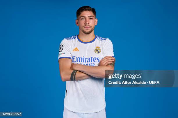 Fede Valverde of Real Madrid CF poses during the UEFA Champions League Final Media Day at Valdebebas training ground on May 18, 2022 in Madrid, Spain.