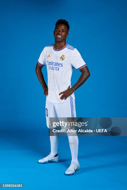 Vinicius Junior of Real Madrid CF poses during the UEFA Champions League Final Media Day at Valdebebas training ground on May 18, 2022 in Madrid,...