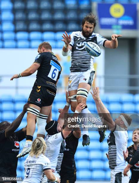 Lood de Jager of Sale Sharks jumps in a lineout during the Gallagher Premiership Rugby match between Wasps and Sale Sharks at The Coventry Building...
