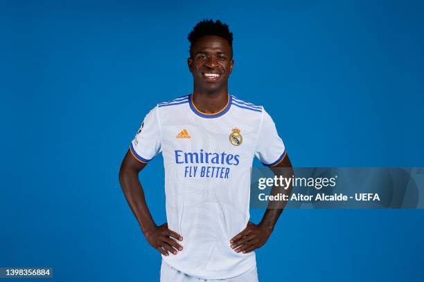 Vinicius Junior of Real Madrid CF poses during the UEFA Champions League Final Media Day at Valdebebas training ground on May 18, 2022 in Madrid,...