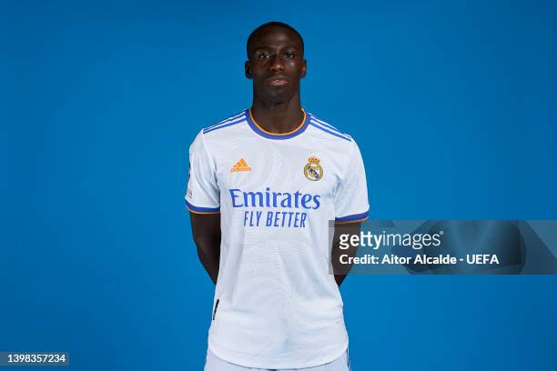 Ferland Mendy of Real Madrid CF poses during the UEFA Champions League Final Media Day at Valdebebas training ground on May 18, 2022 in Madrid, Spain.