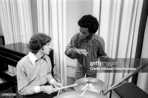 Drummer Gregg Errico and musician Sly Stone of the psychedelic soul group 'Sly And The Family Stone' work on an album for the 'Spaulding Wood Affair'...