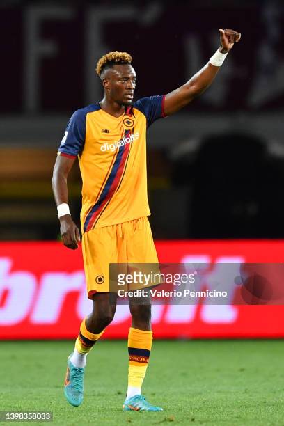 Tammy Abraham of AS Roma celebrates after scoring their team's first goal during the Serie A match between Torino FC and AS Roma at Stadio Olimpico...