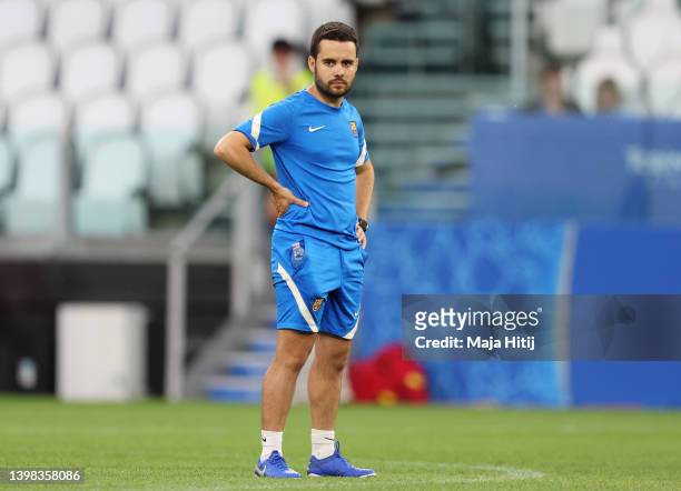 Jonatan Giraldez Costas, Head Coach of FC Barcelona lo in the warm up at Juventus Stadium on May 20, 2022 in Turin, Italy. FC Barcelona will face...