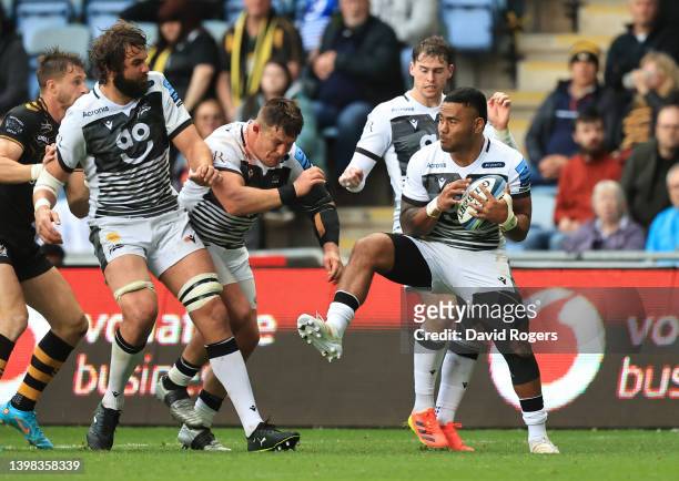 Manu Tuilagi of Sale Sharks runs with the ball during the Gallagher Premiership Rugby match between Wasps and Sale Sharks at The Coventry Building...