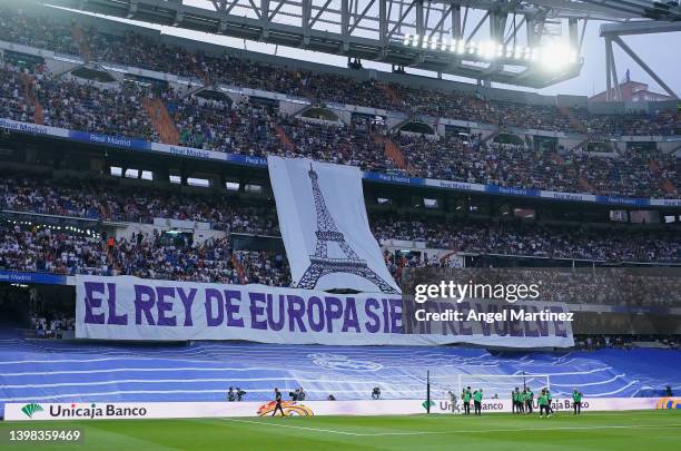 Real Madrid fans unveil a tifo prior to the LaLiga Santander match between Real Madrid CF and Real Betis at Estadio Santiago Bernabeu on May 20, 2022...