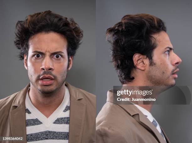 mid adult mann front- und profil-mugshots - verbrecherfoto stock-fotos und bilder