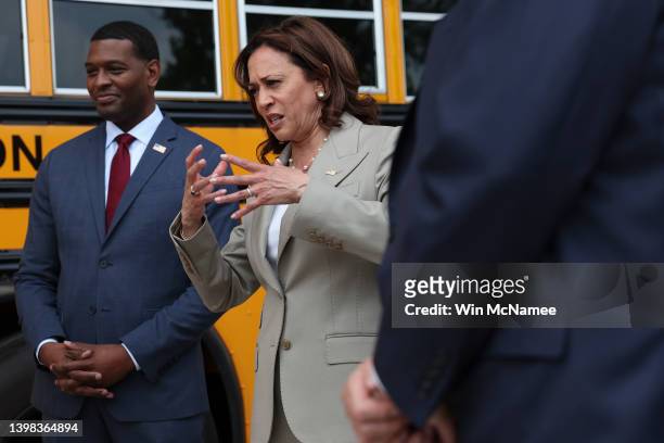 Vice President Kamala Harris tours new electric powered school buses while visiting Meridian High School with EPA Administrator Michael Regan May 20,...
