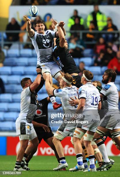 Ben Curry of Sale Sharks wins a lineout during the Gallagher Premiership Rugby match between Wasps and Sale Sharks at The Coventry Building Society...