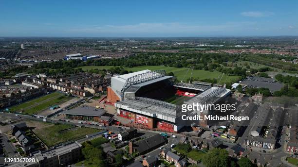 An aerial view of Anfield Stadium, home of Premier League football team Liverpool with Goodison Park Stadium, home of Premier League football team...