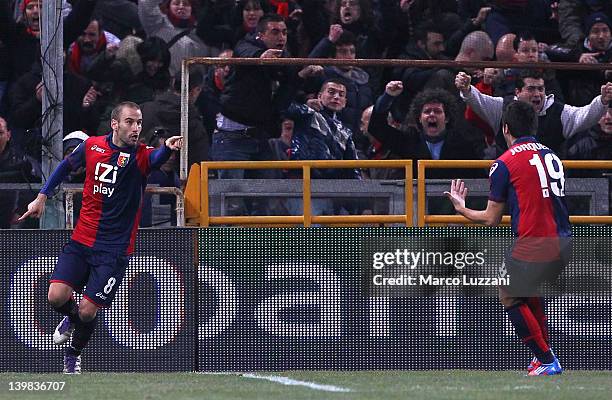 Rodrigo Palacio of Genoa CFC celebrates his second goal with team-mates Cristobal Jorquera during the Serie A match between Genoa CFC and Parma FC at...