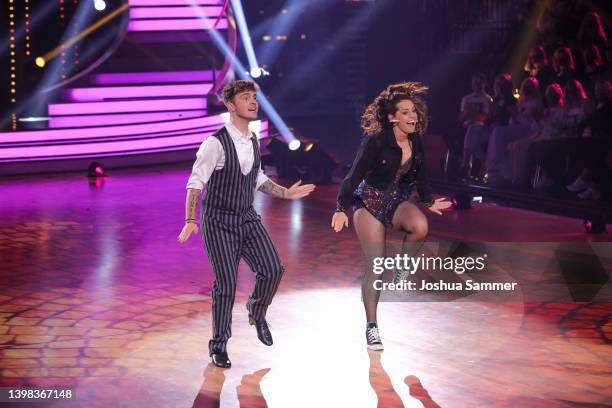 Mike Singer and Christina Luft perform on stage during the final show of the 15th season of the television competition show "Let's Dance" at MMC...