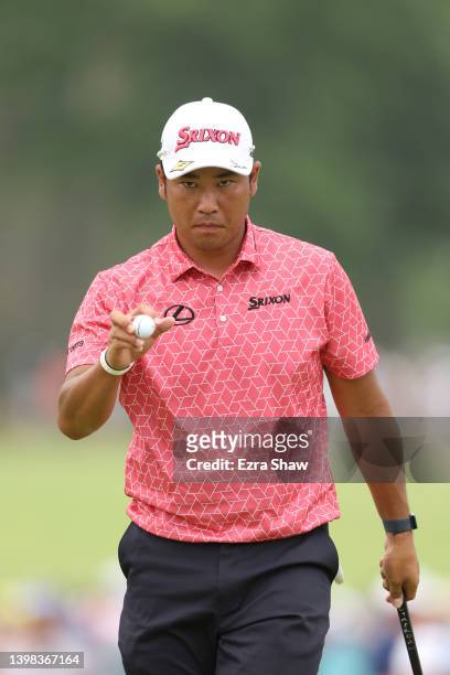 Hideki Matsuyama of Japan reacts to his birdie putt on the third green during the second round of the 2022 PGA Championship at Southern Hills Country...