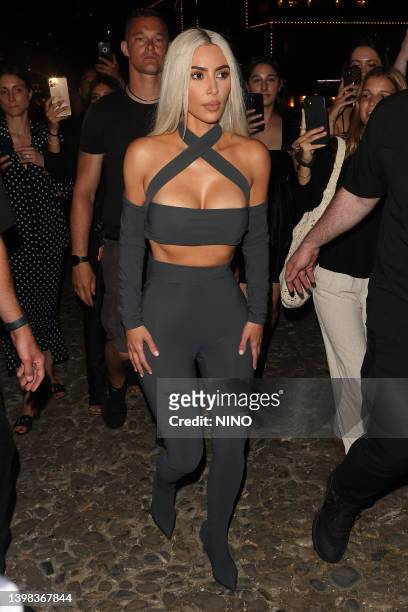 Kim Kardashian is seen arriving at Ristorante Puny in Portofino on May 20, 2022 in Portofino, Italy.