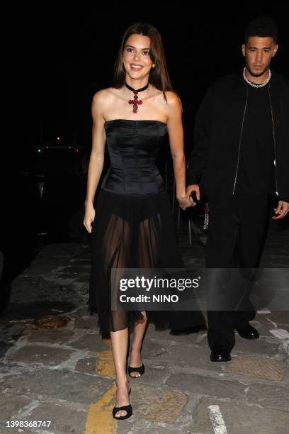 Kendall Jenner and Devin Booker are seen arriving at Ristorante Puny in Portofino on May 20, 2022 in Portofino, Italy.