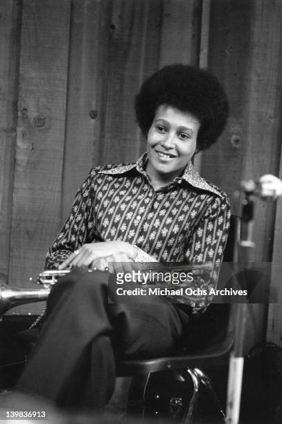 Cynthia Robinson of the psychedelic soul group 'Sly And The Family Stone' records in the studio on April 3, 1973 in San Francisco, California.