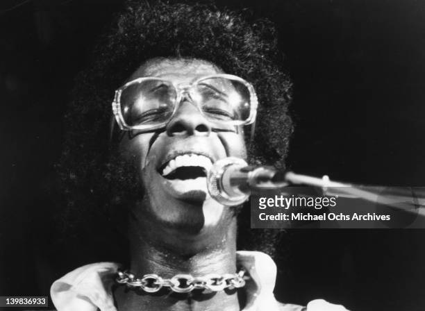 Musician Sly Stone of the psychedelic soul group "Sly And The Family Stone" performs at the 1969 Woodstock Festival on August 17, 1969 in Bethel, New...