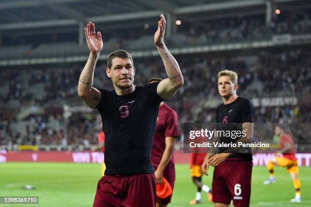 Andrea Belotti of Torino FC acknowledges the fans following their side's defeat in the Serie A match between Torino FC and AS Roma at Stadio Olimpico...