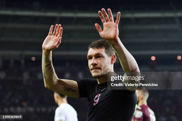 Andrea Belotti of Torino FC acknowledges the fans following their side's defeat in the Serie A match between Torino FC and AS Roma at Stadio Olimpico...