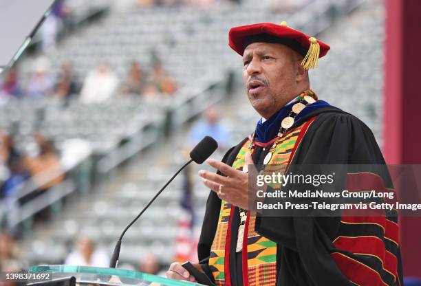 Cal State Dominguez Hills President Thomas A. Parham speaks to graduates as the university kicked off its 2022 commencement ceremonies with the...