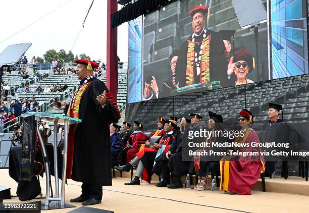 Cal State Dominguez Hills President Thomas A. Parham speaks to graduates as the university kicked off its 2022 commencement ceremonies with the...