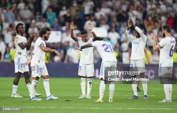 Marcelo of Real Madrid celebrates after their sides finished the season as La Liga champions during the LaLiga Santander match between Real Madrid CF...