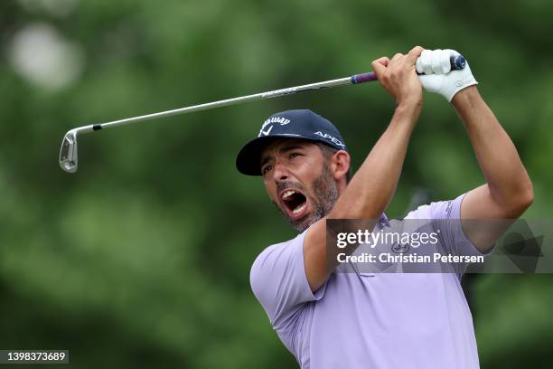 Pablo Larrazabal of Spain plays his shot from the 14th tee during the second round of the 2022 PGA Championship at Southern Hills Country Club on May...