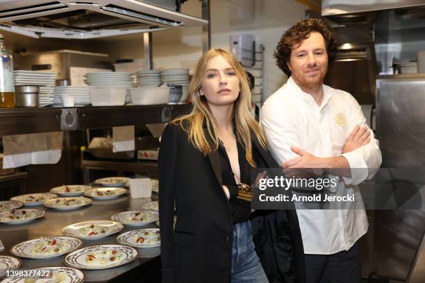 Camille Razat and Jean Imbert attend an exclusive dinner orchestrated by chef Jean Imbert at Nespresso Beach on May 20, 2022 in Cannes, France.