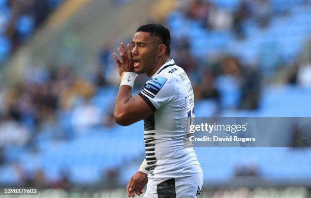 Manu Tuilagi of Sale Sharks shouts instructions during the Gallagher Premiership Rugby match between Wasps and Sale Sharks at The Coventry Building...