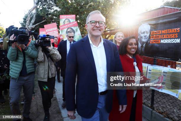 Labor Leader Anthony Albanese meets with voters at a polling booth in the electorate of Higgins on May 21, 2022 in Melbourne, Australia. Australians...