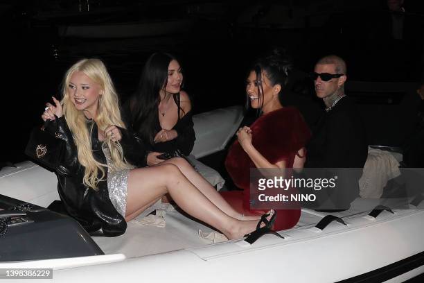 Alabama Barker, Atiana De La Hoya, Kourtney Kardashian and Travis Barker are seen out in Portofino on May 20, 2022 in Portofino, Italy.