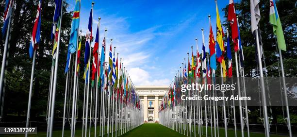 flag draped entrance to the united nations building in geneva switzerland - diplomacia fotografías e imágenes de stock