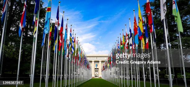 flag draped entrance to the united nations building in geneva switzerland - diplomacy stock pictures, royalty-free photos & images