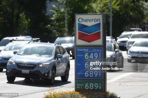 Gas prices over $6.00 per gallon are displayed at a Chevron gas station on May 20, 2022 in San Rafael, California. Gas prices in California have...