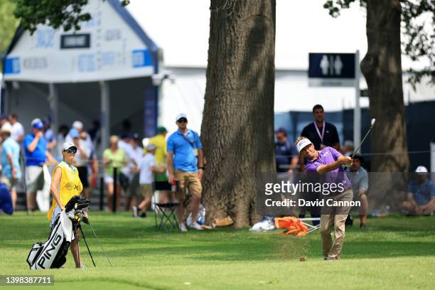 Jesse Mueller of The United States plays his second shot on the 15th hole during the second round of the 2022 PGA Championship at Southern Hills...