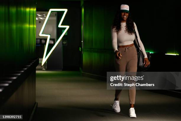 Jantel Lavender of the Seattle Storm arrives before the game against the Los Angeles Sparks at Climate Pledge Arena on May 20, 2022 in Seattle,...