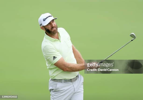 Dustin Johnson of The United States plays his second shot on the 16th hole during the second round of the 2022 PGA Championship at Southern Hills...
