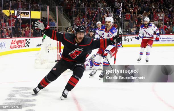 Brendan Smith of the Carolina Hurricanes scores a shorthanded goal at 15:54 of the second period against the New York Rangers in Game Two of the...