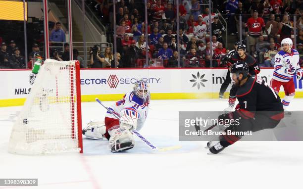 Brendan Smith of the Carolina Hurricanes scores a shorthanded goal at 15:54 of the second period against the New York Rangers in Game Two of the...