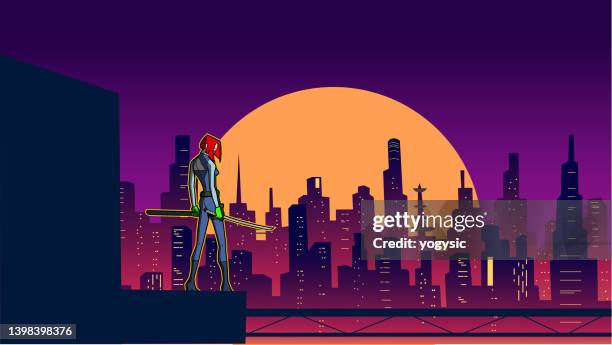 vektor weiblicher ninja in cyberpunk city stock illustration - cartoon arms stock-grafiken, -clipart, -cartoons und -symbole