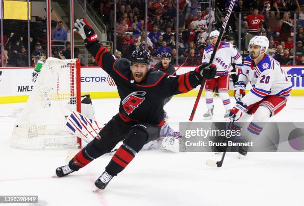 Brendan Smith of the Carolina Hurricanes scores a shorthanded goal at 15:54 of the second period against the New York Rangers in Game Two of the...