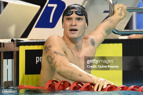 Cody Simpson of Australia catches his breath after competing in the Mens 100 metre Freestyle during day four of the 2022 Australian Swimming...