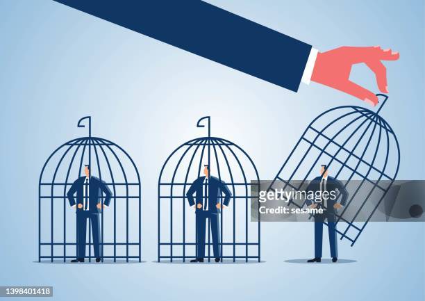 stockillustraties, clipart, cartoons en iconen met hand holding a cage to lock a businessman standing in a row into a cage or release a businessman in the cage - birdcage