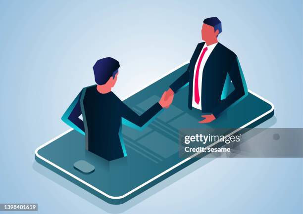 online transaction and online agreement, isometric two businessmen shaking hands on smartphone, global online business communication, internet search for business partner - client presentation stock illustrations