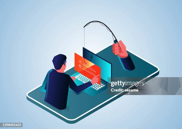 stockillustraties, clipart, cartoons en iconen met phishing website, outstretched hand inside smartphone holding fish hook to steal account information and password of network user, network security and virus, personal network account information security - identiteitsdiefstal