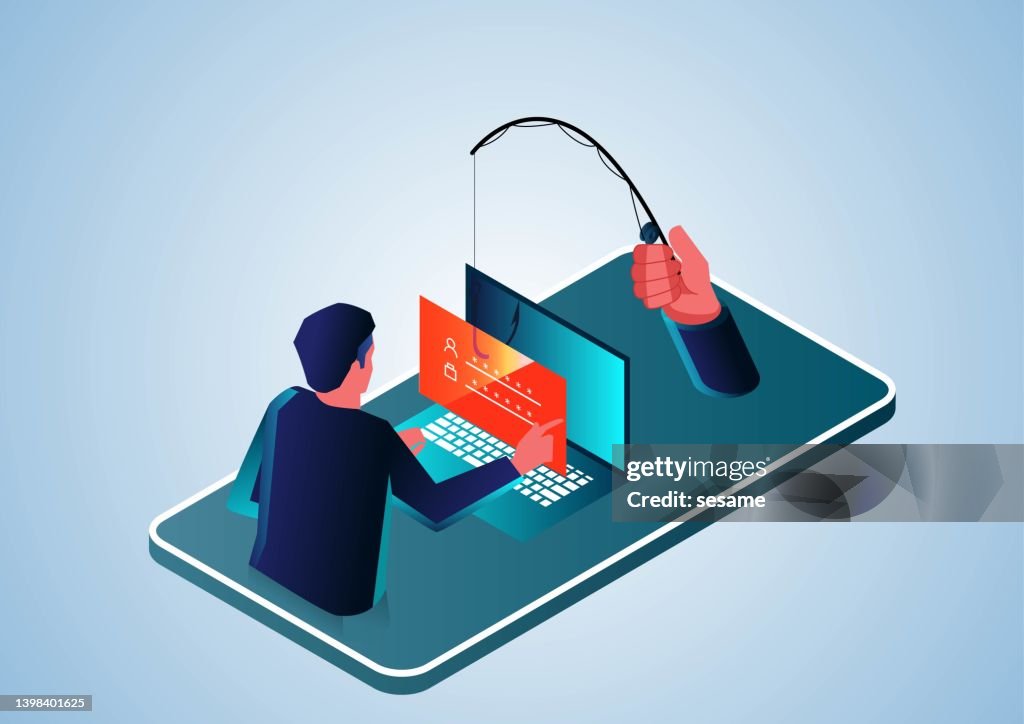 Phishing website, outstretched hand inside smartphone holding fish hook to steal account information and password of network user, network security and virus, personal network account information security