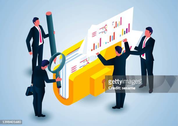 isometric file document management, digital data files computer archive storage - inspector stock illustrations