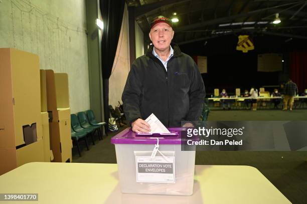 Australian Defence Minister Peter Dutton casts his vote in his electorate of Dickson on May 21, 2022 in Brisbane, Australia. Australians head to the...