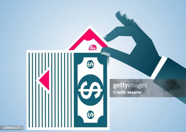 take a small stack out of a stack of banknotes, spending and budgeting, business concept illustration - paid absence stock illustrations